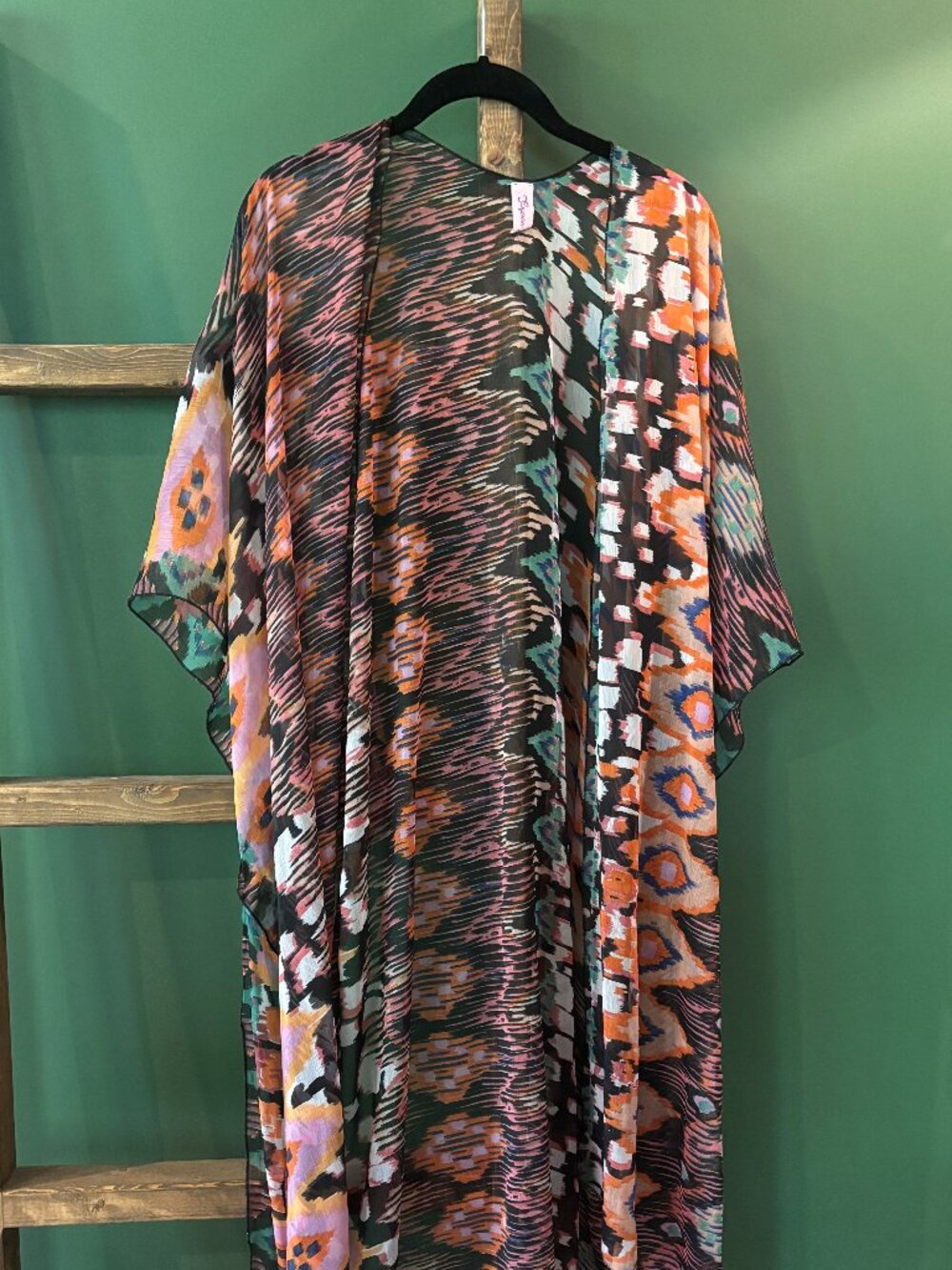 Sunflower Sheer Ikat Print Open Front Kimono Duster — One Size / Free Size